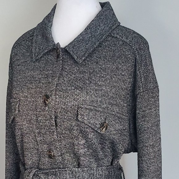 Tweed Style Fall Jacket Button Down Belted Heathered Grey Knit Pockets Cuffs - Picture 4 of 11